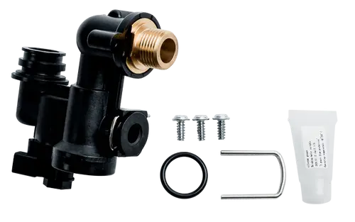 Hydraulikblock von Wolf, gefertigt aus Kunststoff und Metall, zusammen mit Schrauben, Dichtungen und einem Röhrchen mit enthaltenem Material.